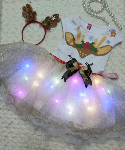 Girls Casual Christmas Dress Light Up Reno Reindeer